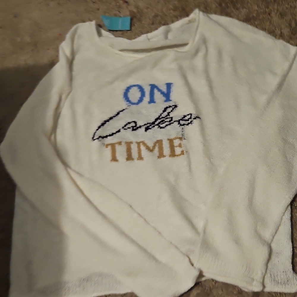 Cream Sweater with Blue and Gold Text